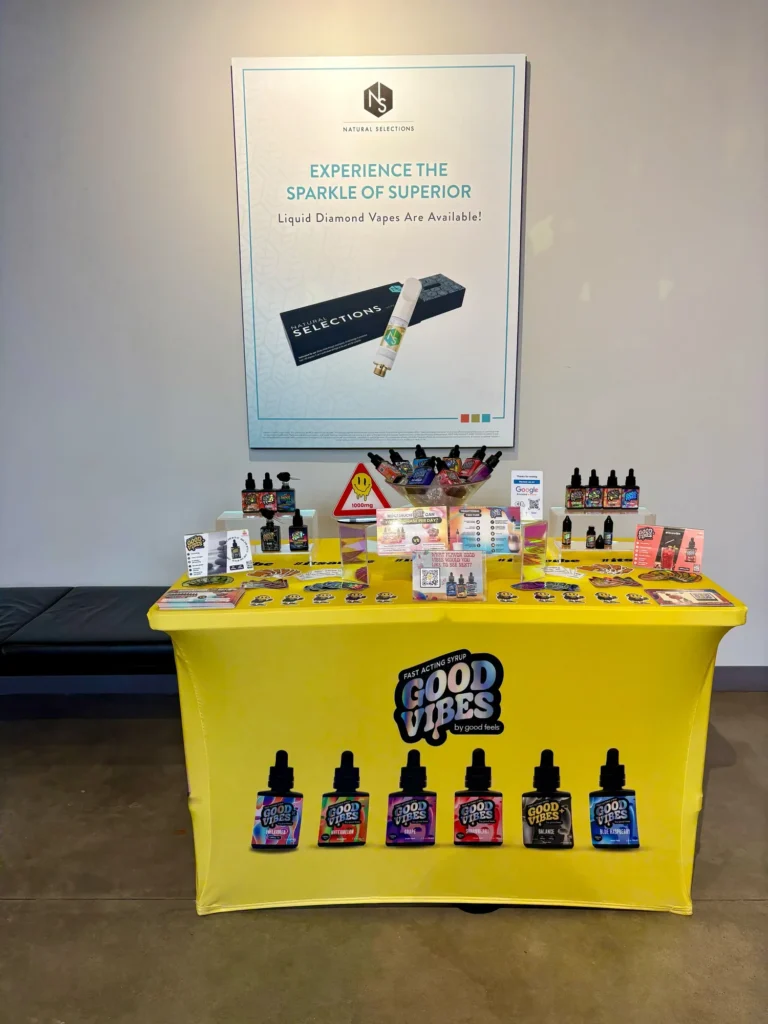 Good Vibes display with Blue Raspberry and Watermelon bottles at Ethos Dorchester.