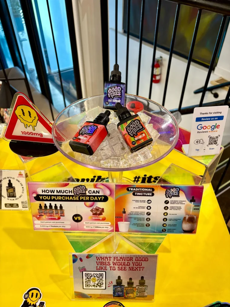 Good Vibes display with traditional tincture and fast-acting syrup at Sanctuary Medicinals – Gardner.