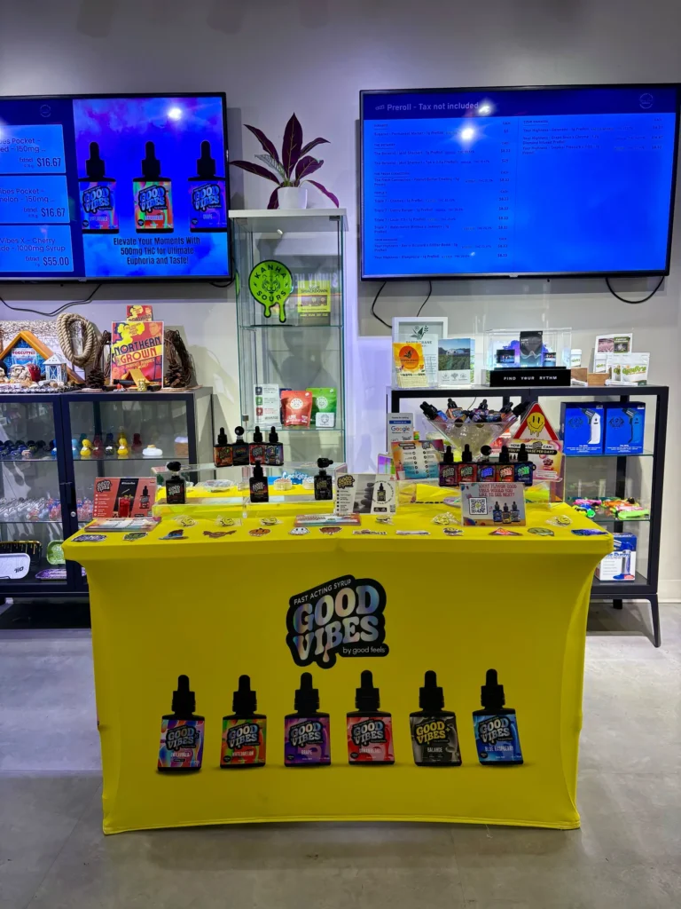 Good Vibes display with Blue Raspberry and Watermelon bottles at Dutchess Cannabis – Framingham.