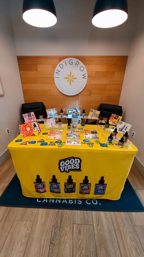 A retail display arranged across the counter at Renew Cannabis Co (Berkley).