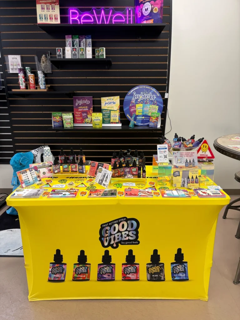 Good Vibes display with Blue Raspberry and Watermelon bottles at BeWell – Merrimac.