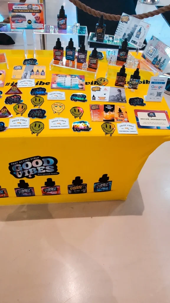 Good Vibes bottles and colorful display cards at Northeast Alternatives - Seekonk.