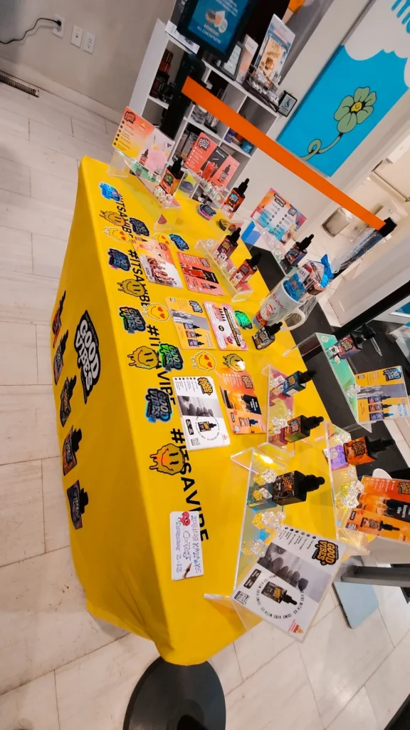 A Good Vibes sign anchoring the retail display at Mello - Haverhill.