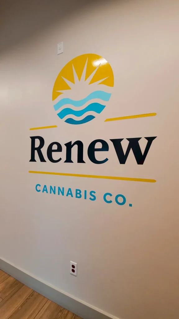 A retail sign anchoring the display at Renew Cannabis Co (Berkley).