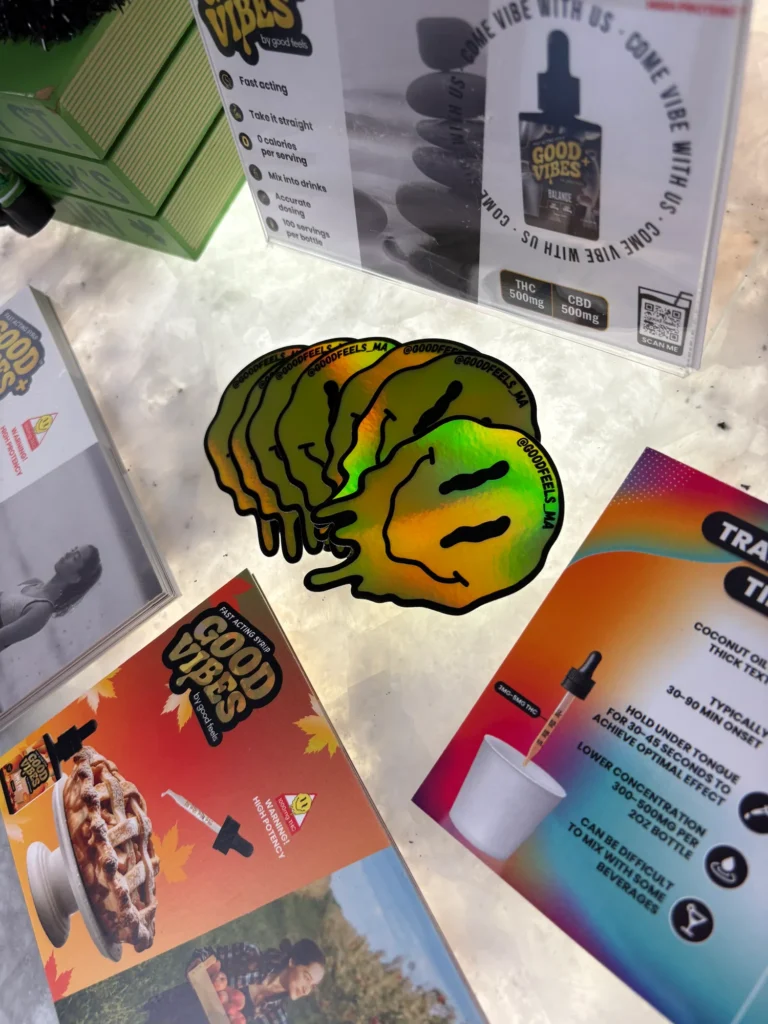 A Good Vibes sign anchoring the retail display at OMG Cannabis - Fitchburg.