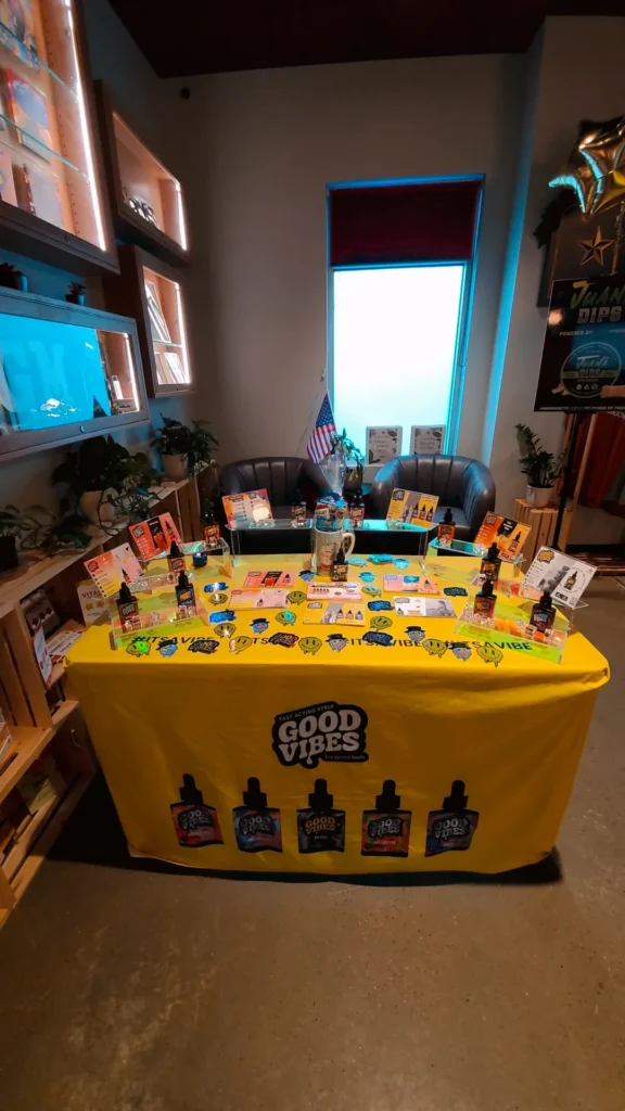A Good Vibes display arranged across the retail counter at Green Meadows - Fitchburg.