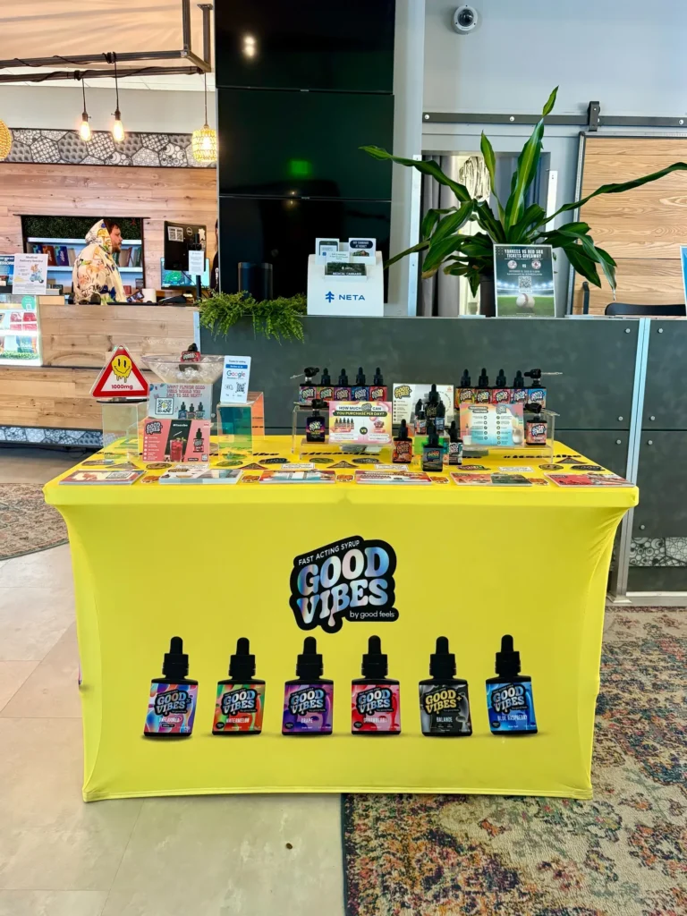 Good Vibes display with Blue Raspberry and Watermelon bottles at NETA – Northampton.