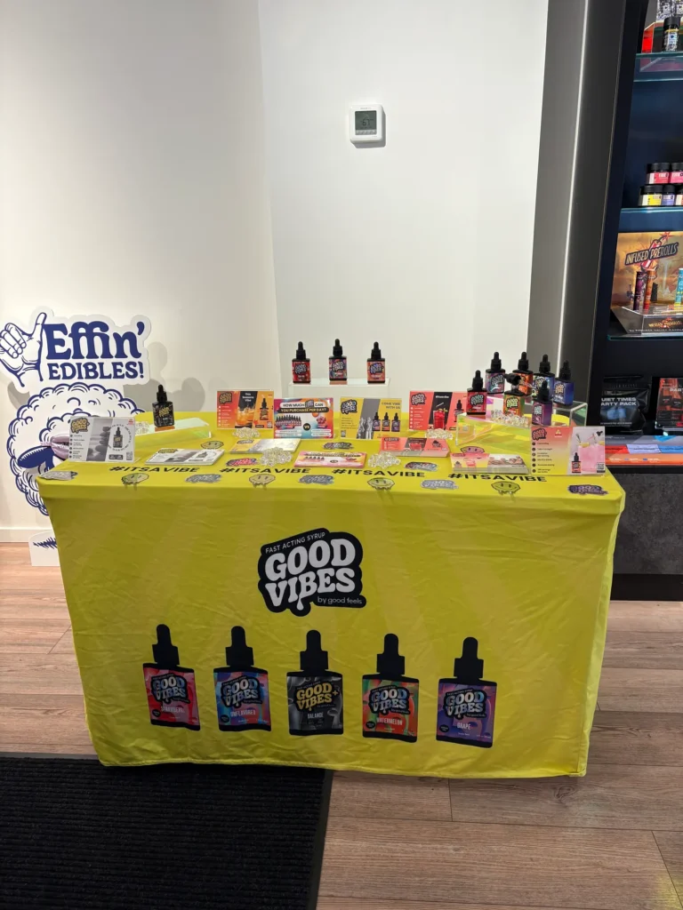 A Good Vibes sign anchoring the retail display at Ascend - Newton.