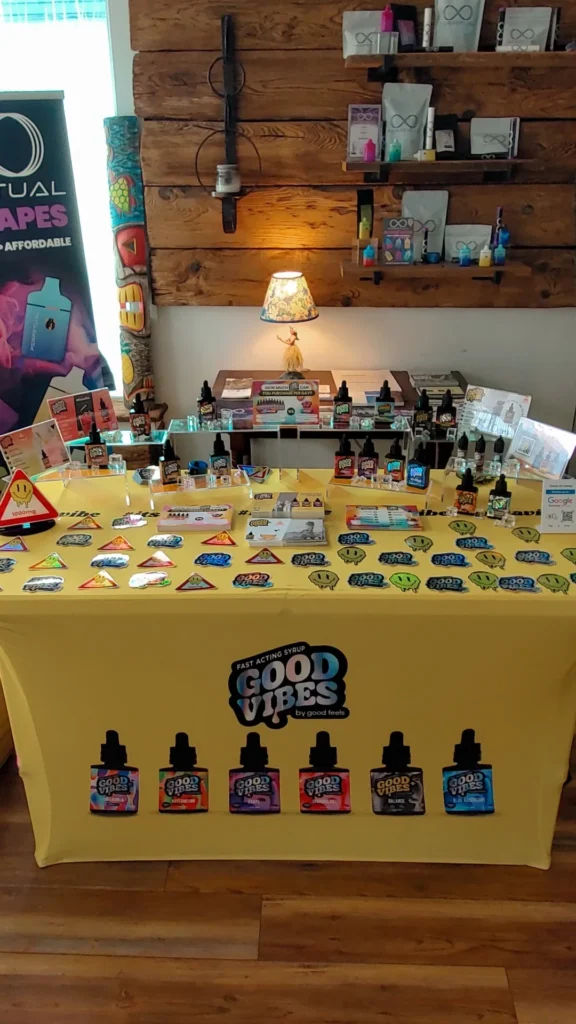 Good Vibes bottles and colorful display cards at The Haven Center - Provincetown.