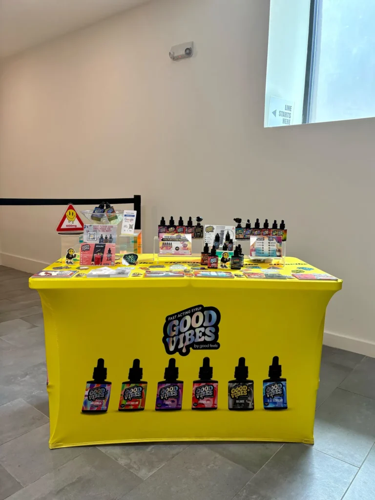 Good Vibes display with Blue Raspberry and Watermelon bottles at Chelsea Bud.