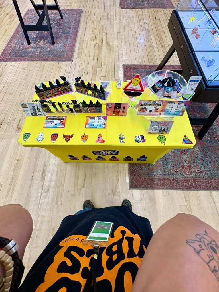 Green Meadows – Southbridge interior with Good Vibes packaging and product information.
