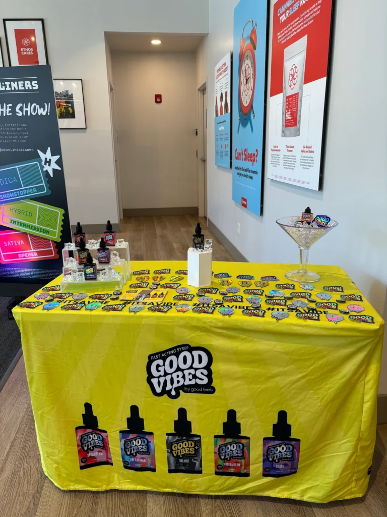 Playful branded display featuring fast-acting syrup and Balance at Ethos Cannabis (Medical) – Watertown.