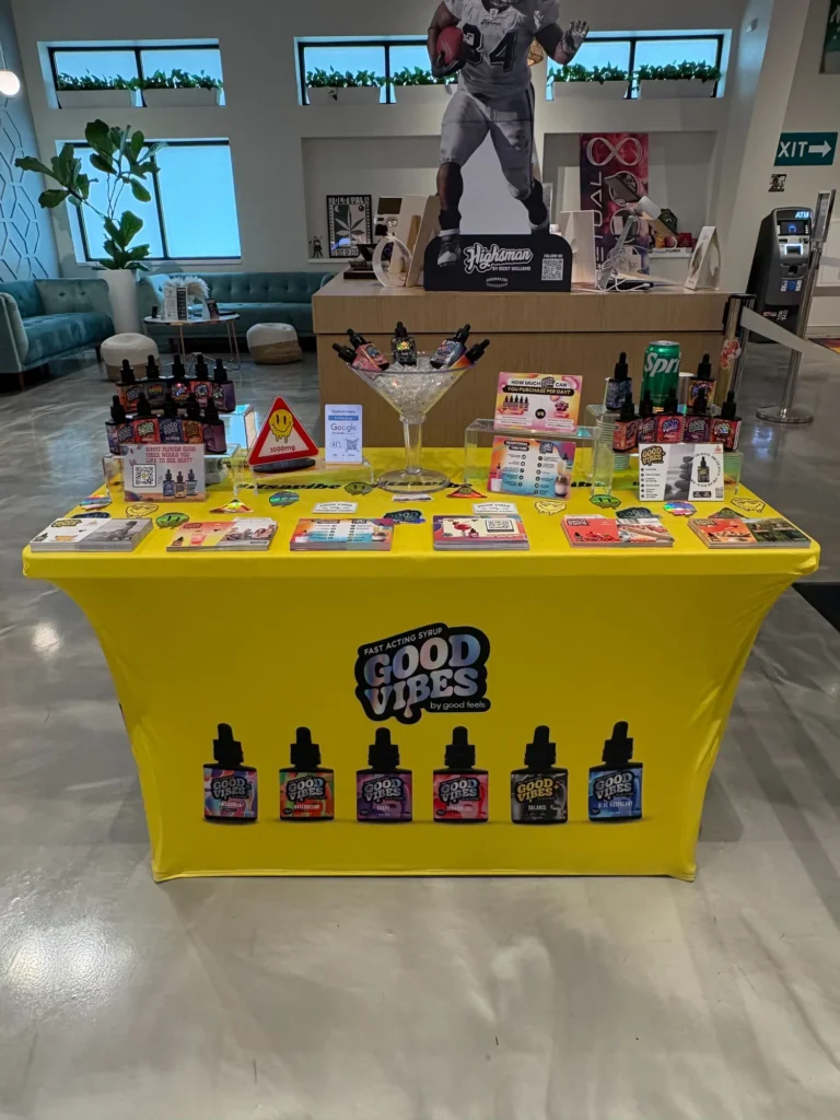 A Good Vibes sign anchoring the retail display at Zahara Cannabis - Attleboro.