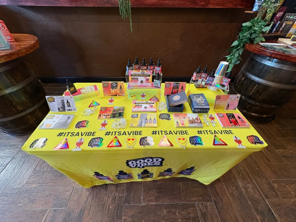 Good Vibes bottles and colorful display cards at Toy Town Health Care - Winchendon.