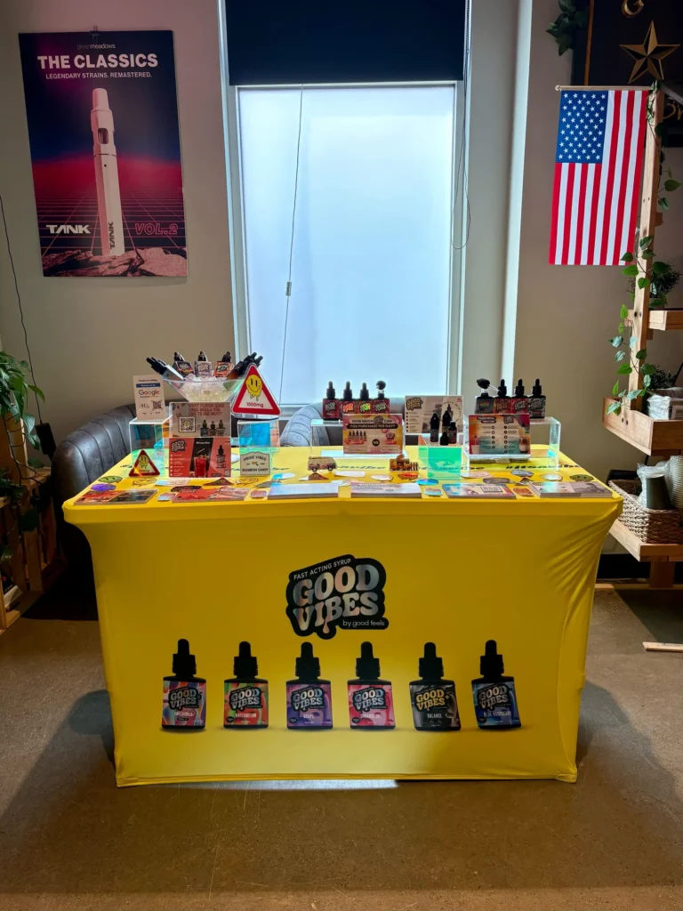 Good Vibes display with Blue Raspberry and Watermelon bottles at Green Meadows – Fitchburg.