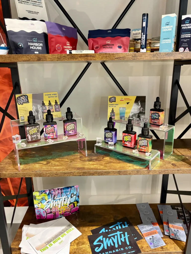 Good Vibes display with Good Vibes packaging and product information at Dutchess Cannabis – Allston.
