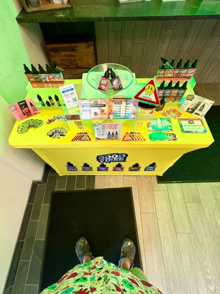 Good Vibes display with Good Vibes packaging and product information at Berkshire Roots – Pittsfield.