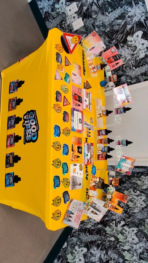 A Good Vibes display arranged across the retail counter at Bask Sun Grown Cannabis - Taunton.