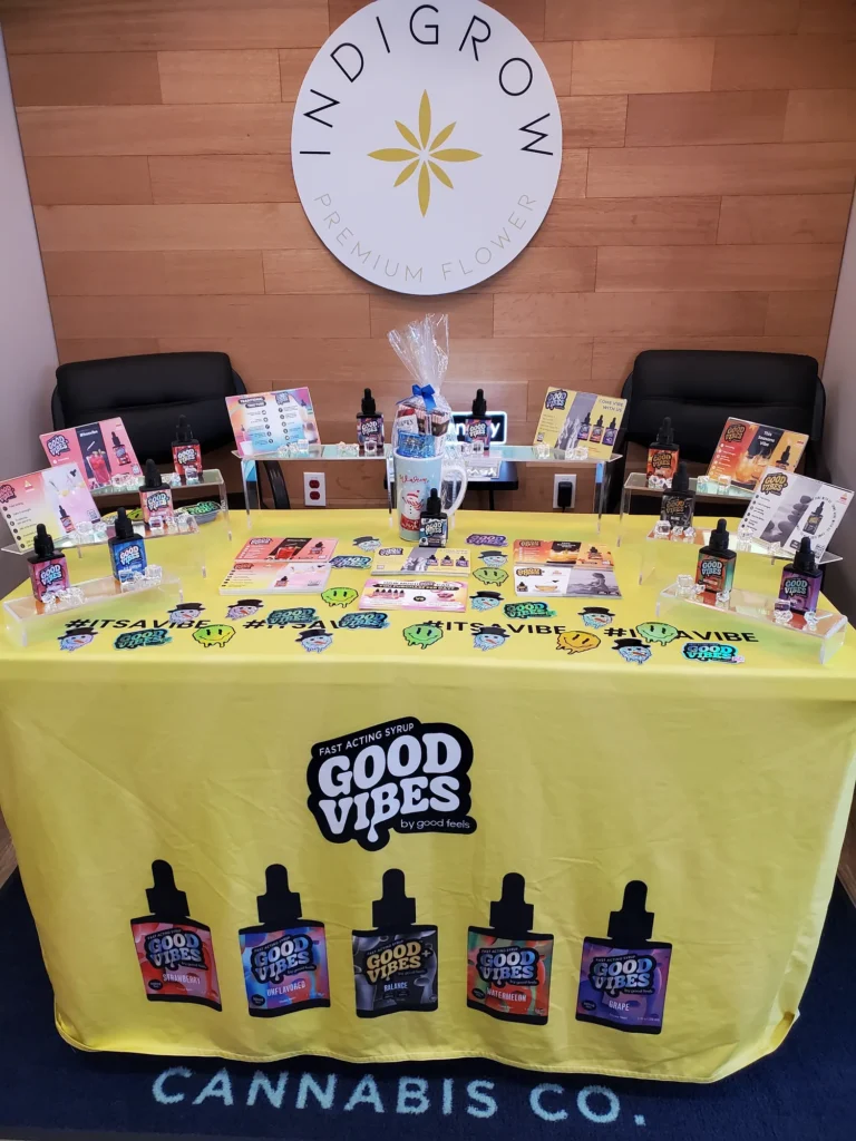 A Good Vibes sign anchoring the retail display at Renew Cannabis Co (Berkley).