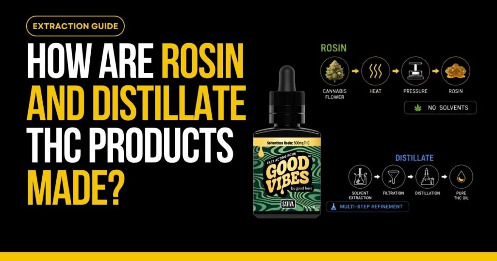 Rosin and distillate THC products guide showing extraction methods and syrup