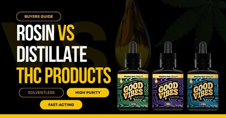 Rosin vs distillate THC products comparison with Good Vibes THC syrup bottles