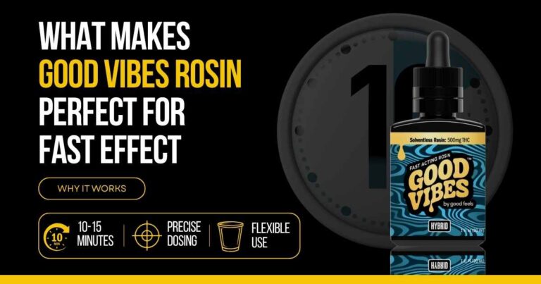 Good Vibes Rosin bottle highlighting 10 to 15 minute effects, precise dosing, flexible use