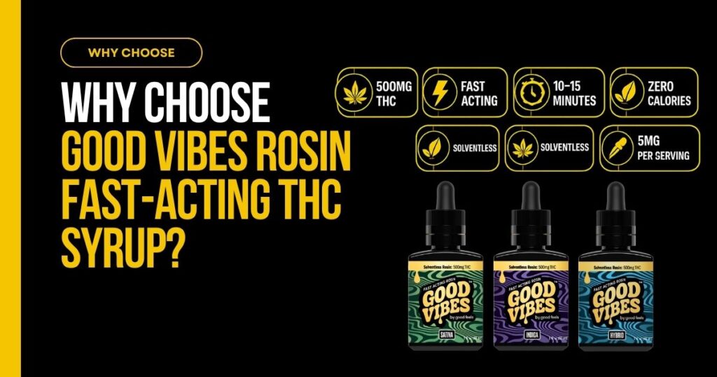 Good Vibes rosin fast-acting THC syrup highlighting potency and benefits