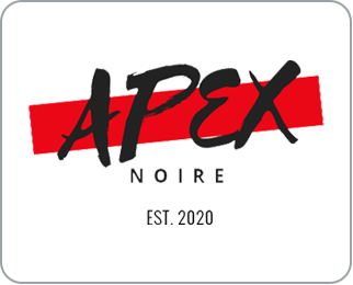 APEX NOIRE logo: bold black 'APEX' over a red brush stroke, with 'NOIRE' below and 'EST. 2020' underneath.