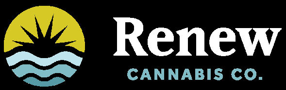 Renew Cannabis Co. logo featuring a circular emblem with a yellow sun and blue waves beside the bold white 'Renew' text and teal 'CANNABIS CO.' on black background.