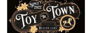 Vintage ornate logo for 'Toy the Town Health Care' with a rocking-horse illustration and 'Since 2022' banner.
