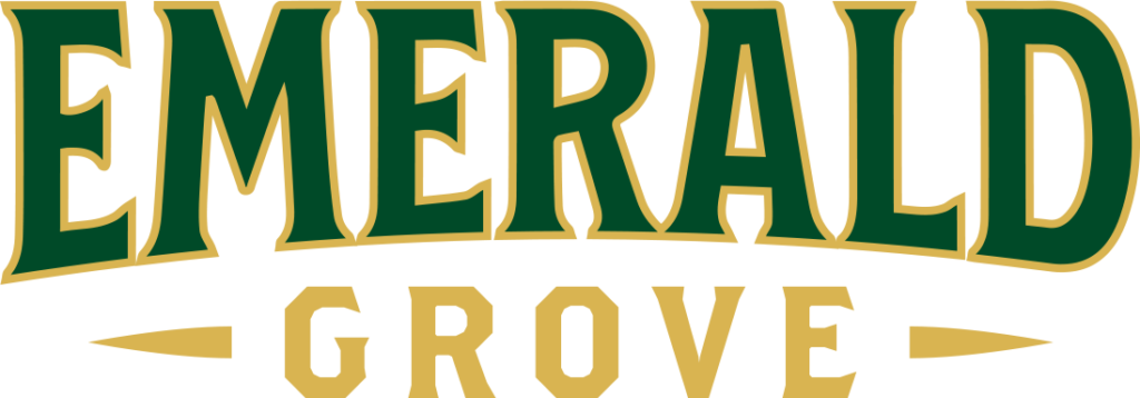 Logo with the words 'EMERALD' in large green letters outlined in gold, and 'GROVE' in gold lettering beneath, with decorative gold accents on a black background.