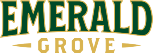Logo with the words 'EMERALD' in large green letters outlined in gold, and 'GROVE' in gold lettering beneath, with decorative gold accents on a black background.
