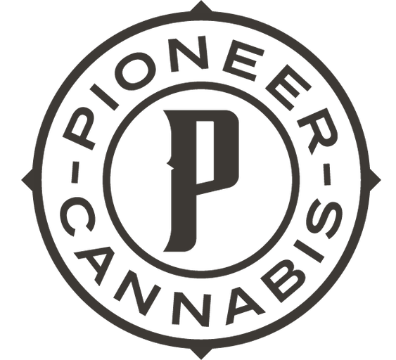 Logo seal for Pioneer Cannabis with a stylized 'P' in the center and circular 'Pioneer Cannabis' text around the edge.
