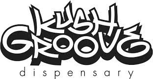 Kush Grove dispensary logo in graffiti-style black and white lettering with the word 'dispensary' shown beneath.