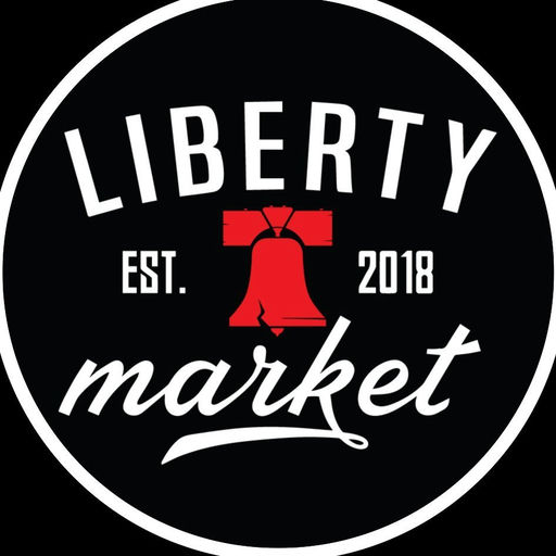 Logo: circular black emblem with white border, 'LIBERTY' arched at top, red Liberty Bell centerpiece, 'EST. 2018' on the sides, and 'market' in cursive.
