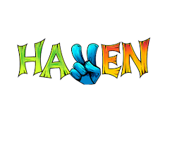 Colorful graffiti-style word HAVEN with a blue peace-sign hand forming the letter V.