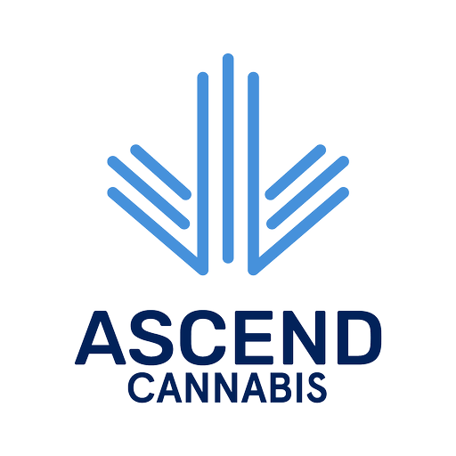 Blue geometric upward-branch logo above the words ASCEND CANNABIS in bold navy font (brand mark for Ascend Cannabis).