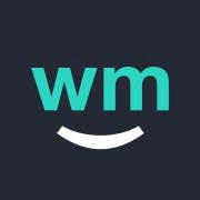 Logo with teal lowercase 'wm' and a white curved smile on a dark background.