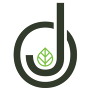 Eco-friendly logo: a black circular ring forming a stylized shape with a green leaf at the center bottom.