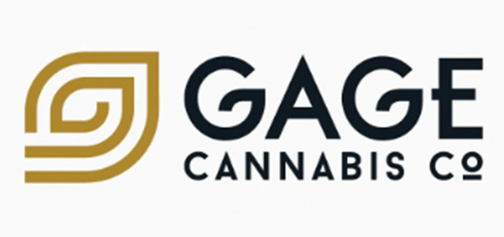 GAGE Cannabis Co logo with a gold geometric emblem beside the wordmark on a white background.