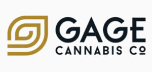 GAGE Cannabis Co logo with a gold geometric emblem beside the wordmark on a white background.