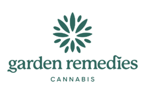 Garden Remedies Cannabis logo with teal flower emblem above the brand name on a black background.