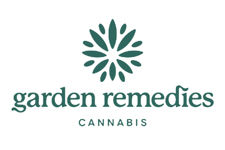 Garden Remedies cannabis brand logo with teal flower emblem above the name, greenish text on black background