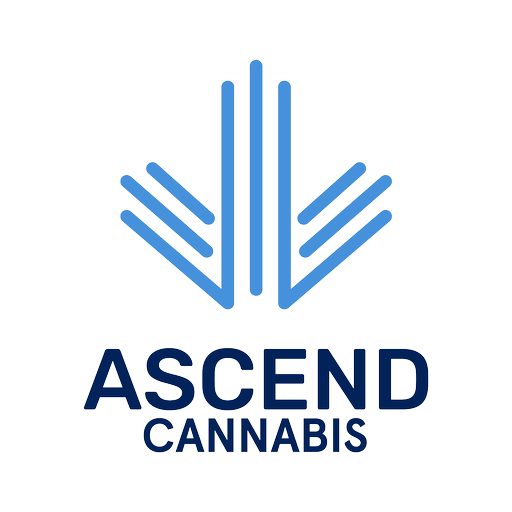Ascend Cannabis logo with blue geometric wing motif above the brand name Ascend Cannabis.