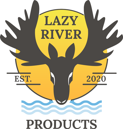 Logo for Lazy River Products: a moose head silhouette over a yellow circle with 'LAZY RIVER' and 'EST. 2020', blue waves, and 'PRODUCTS' text.