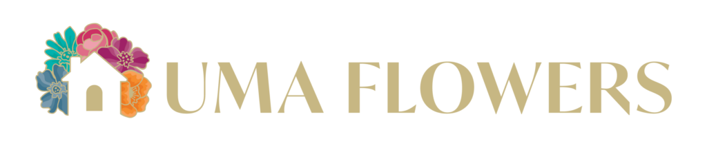 Uma Flowers logo: beige house outline with colorful flowers on the left and gold text UMA FLOWERS on a black background.