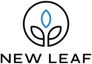 New Leaf logo: circular emblem with a sprouting leaf outline and a blue leaf accent, plus the 'NEW LEAF' wordmark.
