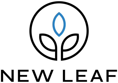 New Leaf logo: circular emblem with a sprouting leaf outline and a blue leaf accent, plus the 'NEW LEAF' wordmark.