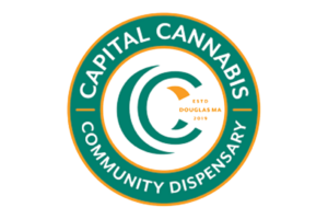Logo for Capital Cannabis Community Dispensary, round teal emblem with orange border and text around the edge.