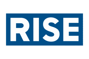 RISE logo: bold white letters on a dark blue rectangular background.